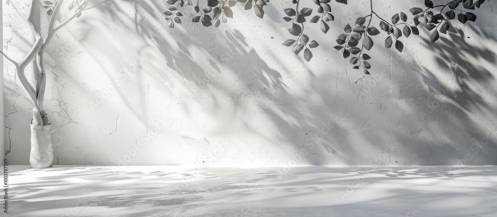 White concrete forms the floor and walls with shadows cast by leaves and branches creating a natural pattern with light gray shades and copy space in the perspective view White concrete forms the floor and walls with shadows cast by leaves and branches creating a natural pattern with light gray shades and copy space in the perspective view