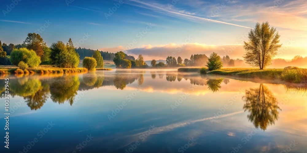 Leading Lines landscape with morning lake reflection Leading Lines landscape with morning lake reflection