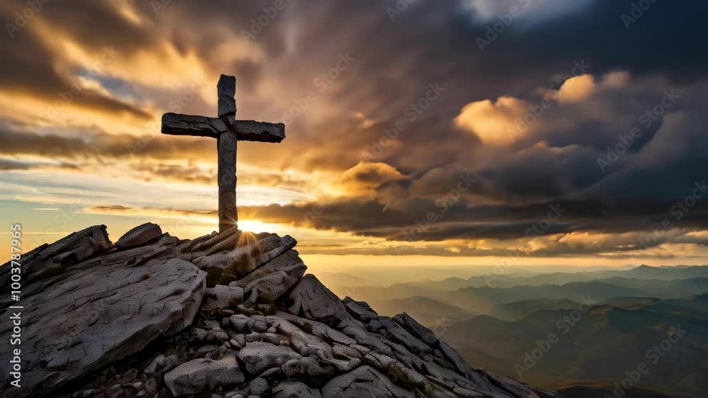 A sunset view of a cross standing proudly on a mountain top, surrounded by breathtaking clouds and valleys