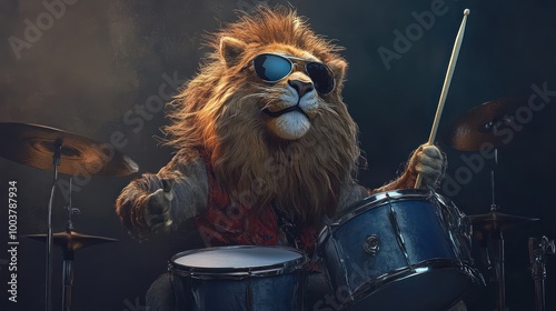 A lion with sunglasses is playing drums and wearing a red vest.