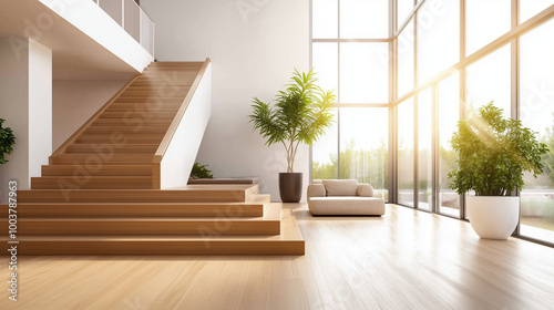 A luxurious modern interior showcasing a sleek wooden staircase as the centerpiece