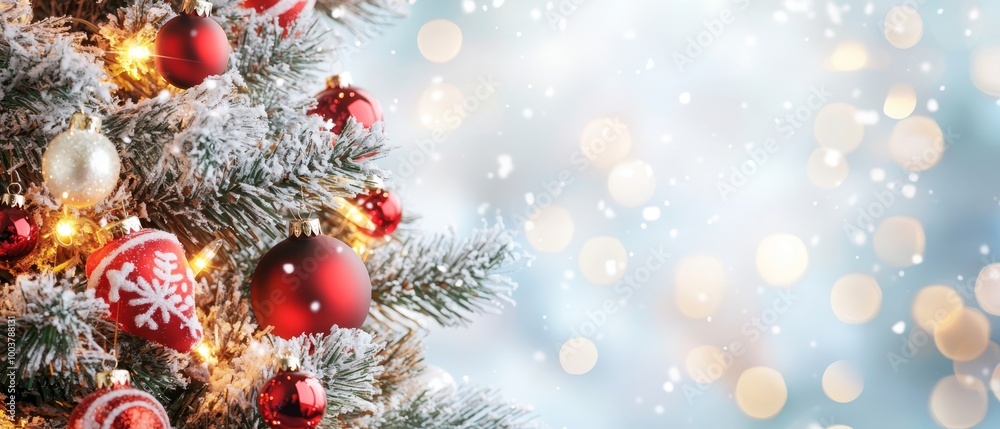 A Christmas tree is adorned with red and white ornaments and a string of lights, not snow flakes A Christmas tree is adorned with red and white ornaments and a string of lights, not snow flakes