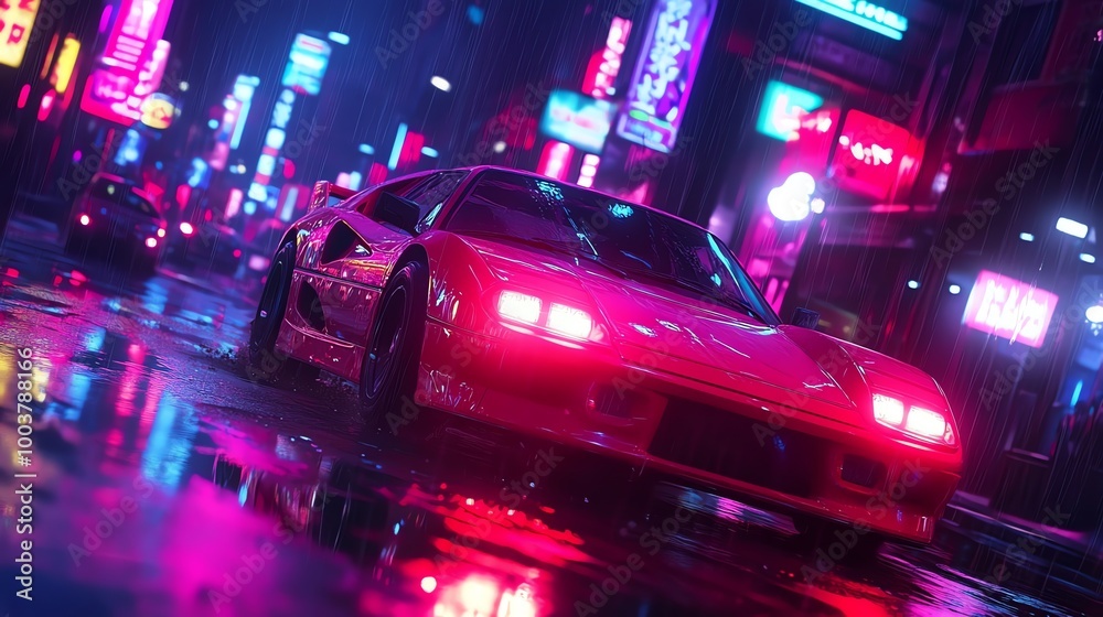 A red sports car drives through a neon-lit city street at night.