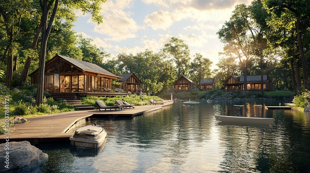 Create a 3D rendering of a serene lakeside retreat. What features, such as cabins, boats, and natural surroundings, make it a perfect getaway Create a 3D rendering of a serene lakeside retreat. What features, such as cabins, boats, and natural surroundings, make it a perfect getaway