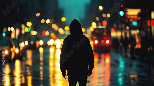 Silhouette of a person walking at night. This image is suitable for designs about loneliness, solitude, and urban life.