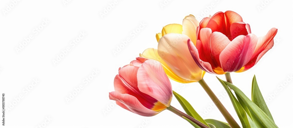 Close up of pink yellow and red tulip flowers isolated on a white background. Copy space image. Place for adding text and design Close up of pink yellow and red tulip flowers isolated on a white background. Copy space image. Place for adding text and design