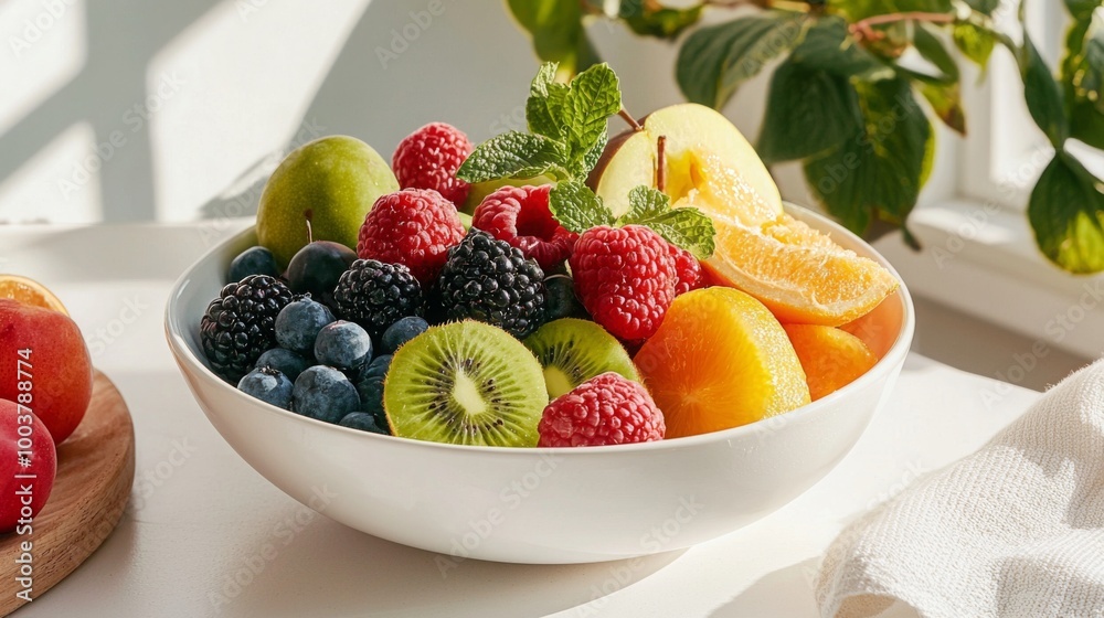 Fresh Fruit Bowl on White Table for Breakfast Fresh Fruit Bowl on White Table for Breakfast