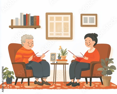 Two elderly women enjoying knitting together in a cozy living room, surrounded by plants and books.