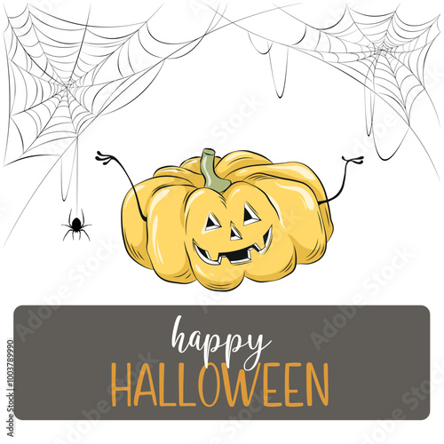 Happy Halloween Banner Vector Pumpkin Spider Web