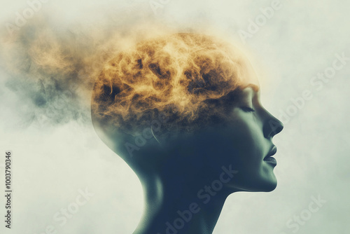 A conceptual image of a woman with smoke and flames emerging from her head symbolizing creativity.