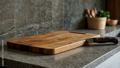 A wooden cutting board with a knife on a sleek kitchen countertop.