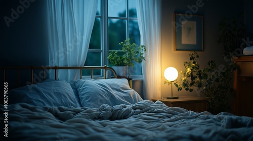 Insomnia, Restless environment. Empty bed with tangled sheets under soft moonlight, conveying the feeling of a sleepless night.