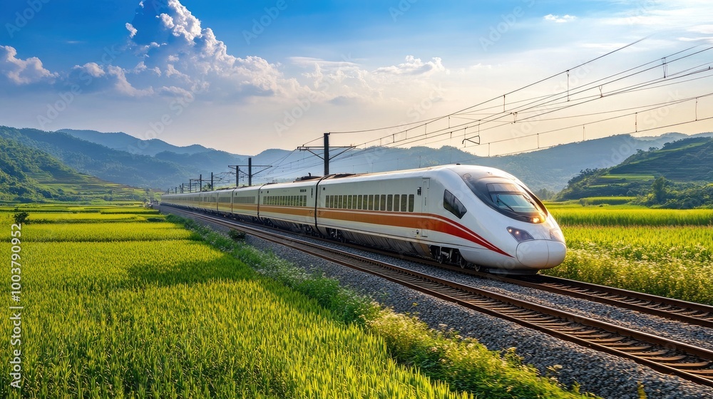 Fototapeta premium High-Speed Train Traveling Through Scenic Landscape