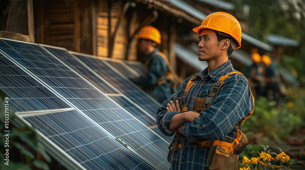 Solar Panel Installation Worker in Hard Hat Solar Panel Installation Worker in Hard Hat