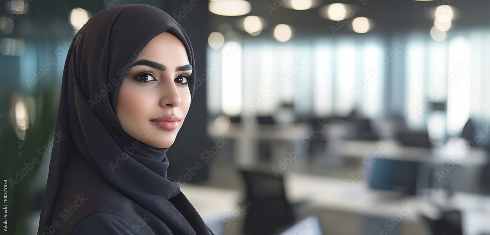 Young woman in a black hijab stands confidently in a modern office environment during daylight Young woman in a black hijab stands confidently in a modern office environment during daylight