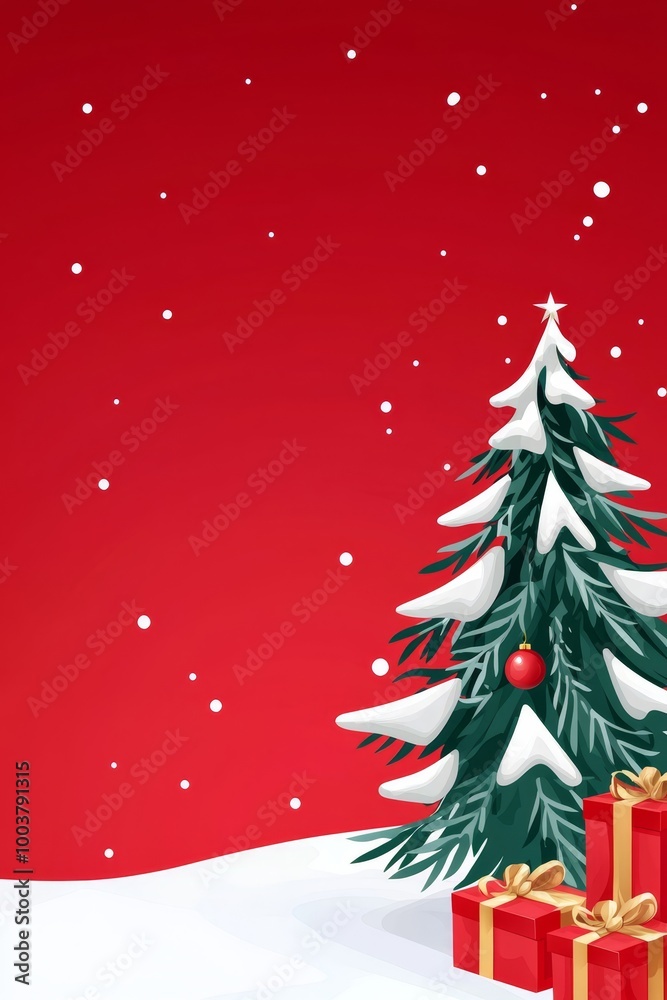 A red background features a Christmas tree adorned with presents Snowflakes fall above, and a solitary red bauble adds contrast A red background features a Christmas tree adorned with presents Snowflakes fall above, and a solitary red bauble adds contrast