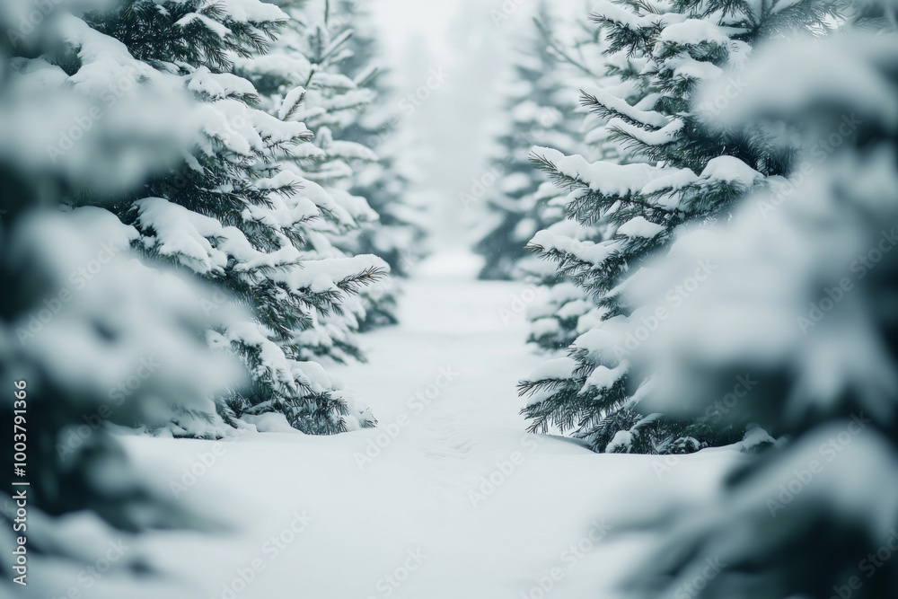 Fototapeta premium Snow-covered path through evergreen trees in a winter forest