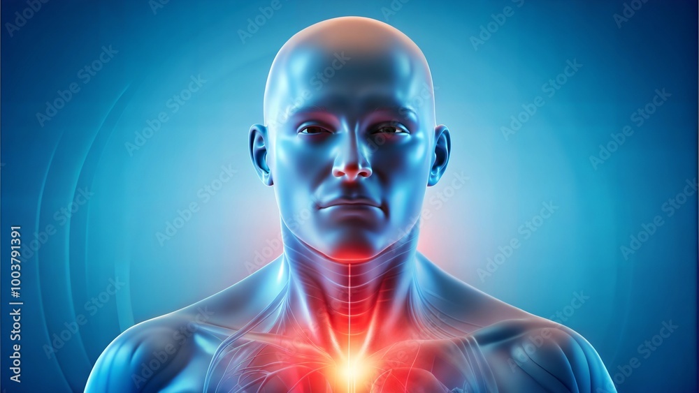 Man with glowing sore throat symbol in blue medical illustration. Man with glowing sore throat symbol in blue medical illustration.