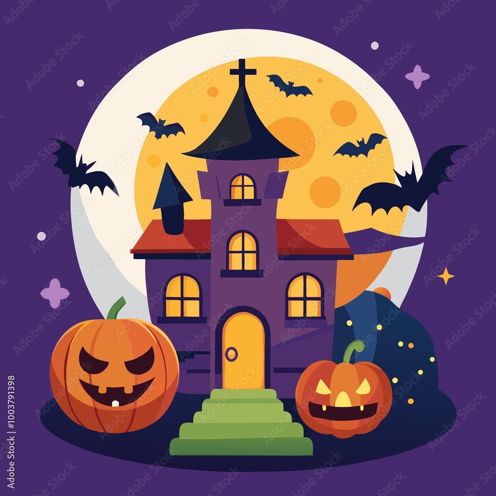 Fototapeta premium Haunted house with pumpkins and bats under full moon in purple night.