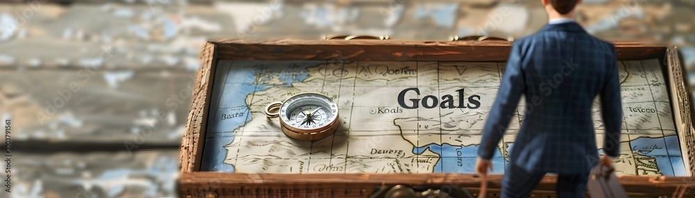 Businessman Navigating Towards Treasure Chest of Goals with Map and Compass Businessman Navigating Towards Treasure Chest of Goals with Map and Compass