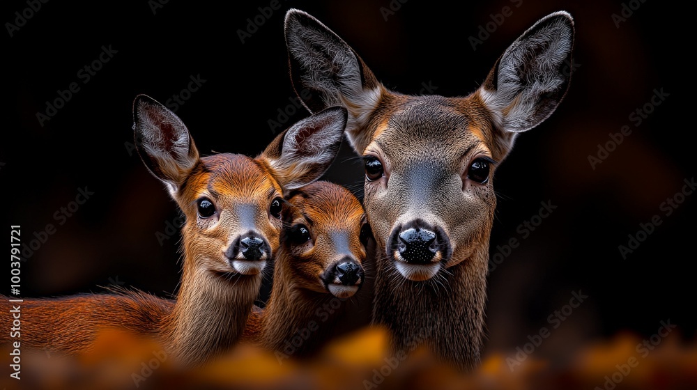 Fototapeta premium Doe and Fawns in Autumn Embrace 