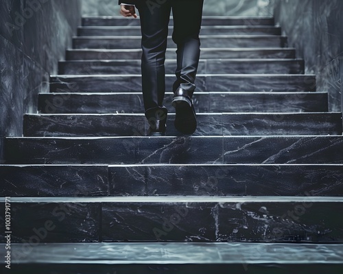 Businessman Climbing the Stairs of Goal Achievement in a Moody Dark Setting