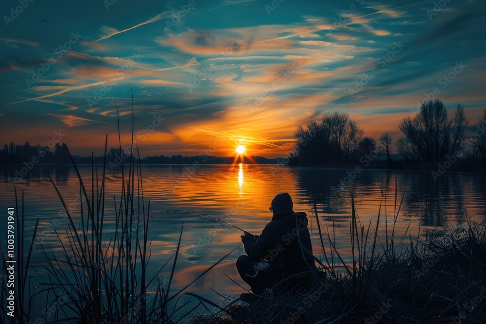 Fishing on the lake at sunset. Fishing on the lake at sunset.
