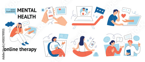 Online therapy vector illustration set in flat cartoon style. Perfect for mental health, virtual counseling, telemedicine, and psychological support designs. Therapist, meditation, treatment process