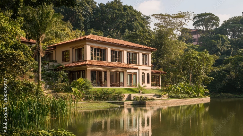 Beautiful Modern House with Red Roof Surrounded by Lush Greenery and Reflecting in a Calm Lake Beautiful Modern House with Red Roof Surrounded by Lush Greenery and Reflecting in a Calm Lake