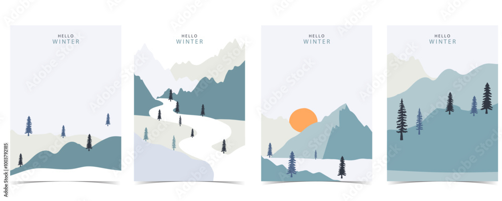 Naklejka premium winter landscape background with mountain,tree.Editable vector illustration for postcard vertical size