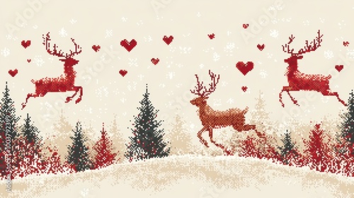 Santa and reindeer in flight, plain white background, Scandinavian trees and hearts in red, pixelated knit style, charming Christmas design.