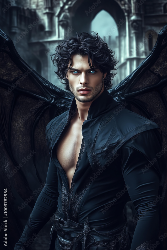 tunning beautiful male model with short black hair and blue eyes, wearing an all black , showing muscular body, stands in front of two large bat wings spread out behind him. tunning beautiful male model with short black hair and blue eyes, wearing an all black , showing muscular body, stands in front of two large bat wings spread out behind him.