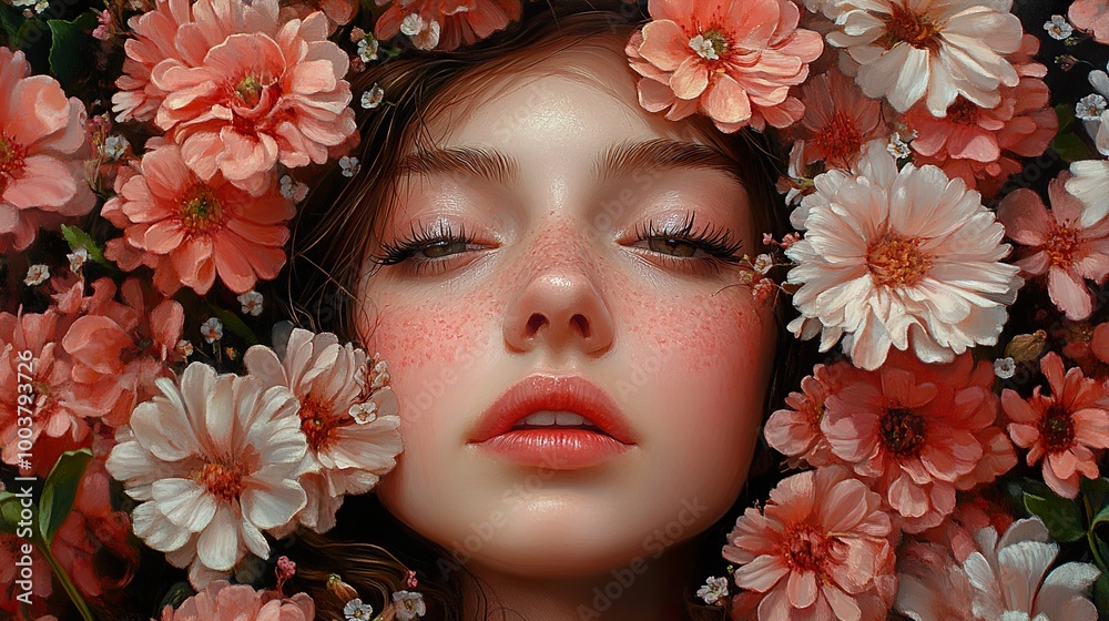 Woman Surrounded by Delicate Flowers - A Dreamy Portrait Woman Surrounded by Delicate Flowers - A Dreamy Portrait