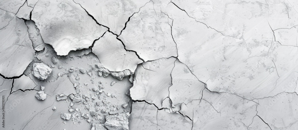 Abstract background featuring a cracked white cement wall with a broken hole ideal for copy space image