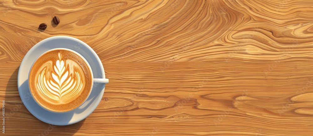 Top down view of a cappuccino cup with latte art in a flower shape on a wooden table creating a visually appealing flat lay with copy space image Top down view of a cappuccino cup with latte art in a flower shape on a wooden table creating a visually appealing flat lay with copy space image