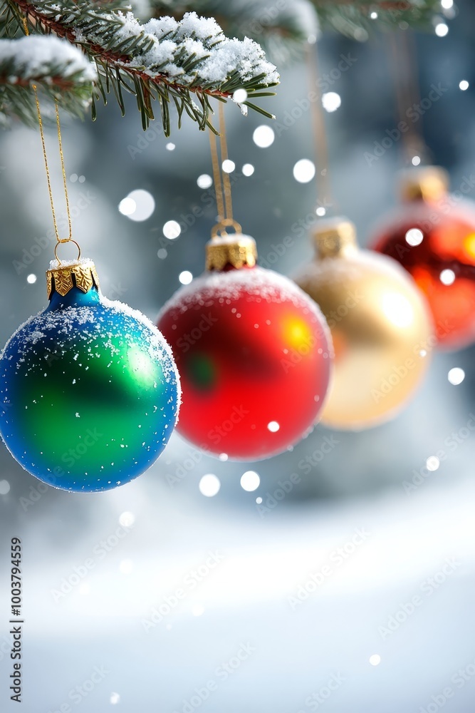 A pine tree adorned with Christmas ornaments in a snow-covered forest, branches bedecked with snowflakes A pine tree adorned with Christmas ornaments in a snow-covered forest, branches bedecked with snowflakes