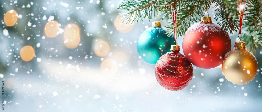 A group of Christmas ornaments dangles from a snow-laden tree against a backdrop of twinkling string lights in a forest A group of Christmas ornaments dangles from a snow-laden tree against a backdrop of twinkling string lights in a forest