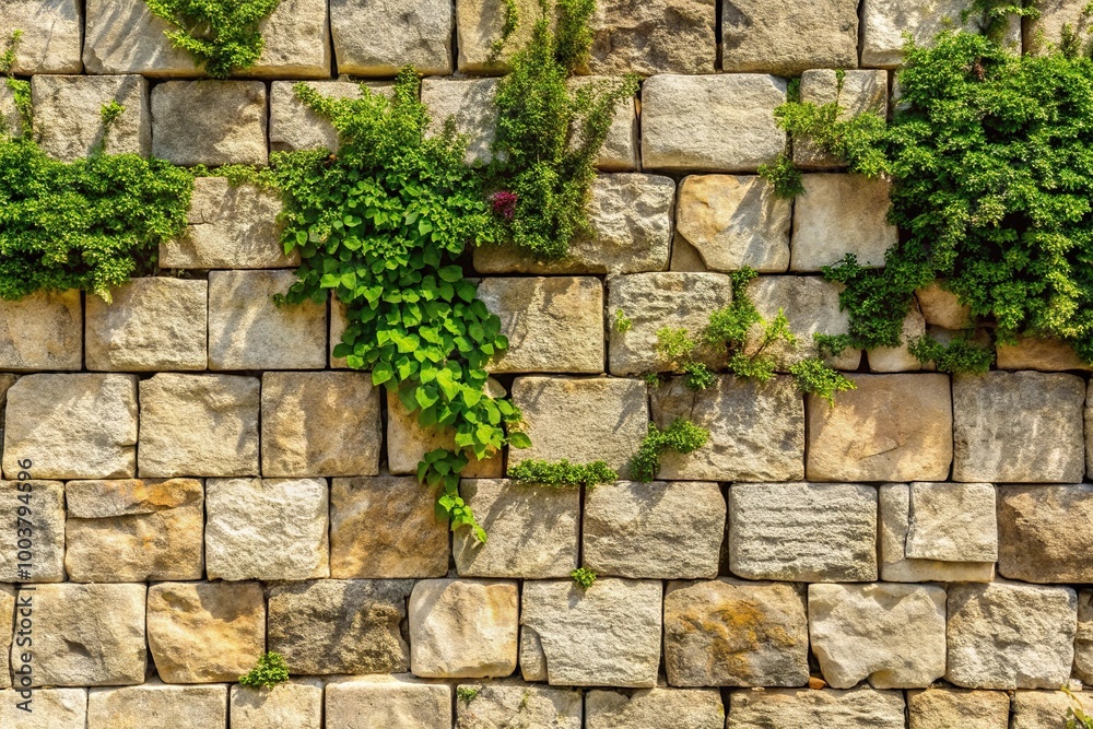 Limestone wall with plants growing on stones from a high angle Limestone wall with plants growing on stones from a high angle