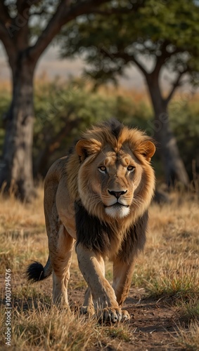 African lion walking through the savannah.