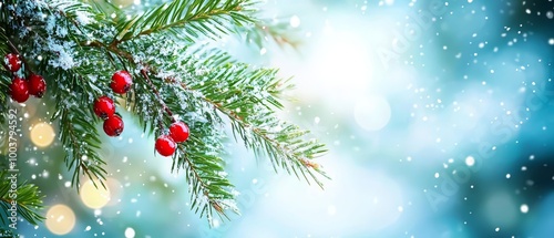  A red-berry branch against a blue backdrop; snowflakes fall, surrounding it with holiday lights photo