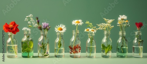 Various flowers like roman chamomile red clovers and Viper s Bugloss in glass bottles with water on a white table set against a green background creating a stunning copy space image photo