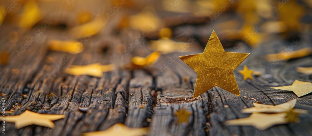 Obraz premium Symbol of success displayed on a stunning backdrop of yellow paper stars on a rustic wooden surface conveying a strong business concept with ample copy space for customization in the image
