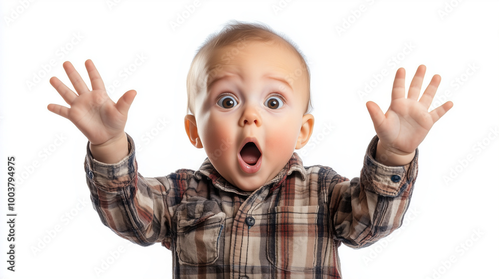 A baby with a surprised expression, wide eyes, and mouth open, holding up both hands in the air A baby with a surprised expression, wide eyes, and mouth open, holding up both hands in the air