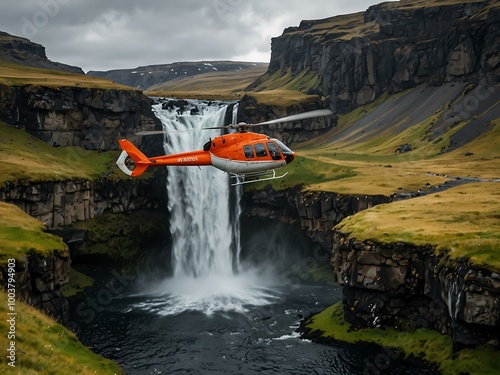 Airbus Helicopter H125 flying near Dynjandi waterfall, Iceland. photo