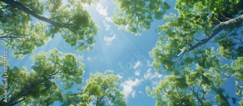 Fototapeta Naklejka Na Ścianę i Meble -  Swaying treetops in a verdant forest under a clear blue sky on a summer day creating a tranquil scene with a view upwards perfect for a copy space image