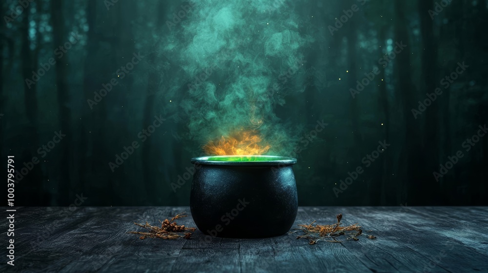 Witch's cauldron bubbling with a glowing green potion, surrounded by enchanted herbs and mystical runes, in a dark, eerie forest, Halloween night sky Witch's cauldron bubbling with a glowing green potion, surrounded by enchanted herbs and mystical runes, in a dark, eerie forest, Halloween night sky