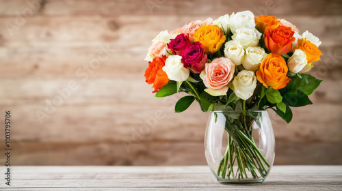 Wallpaper Mural Colorful assortment of roses in a glass vase on a wooden table setting Torontodigital.ca