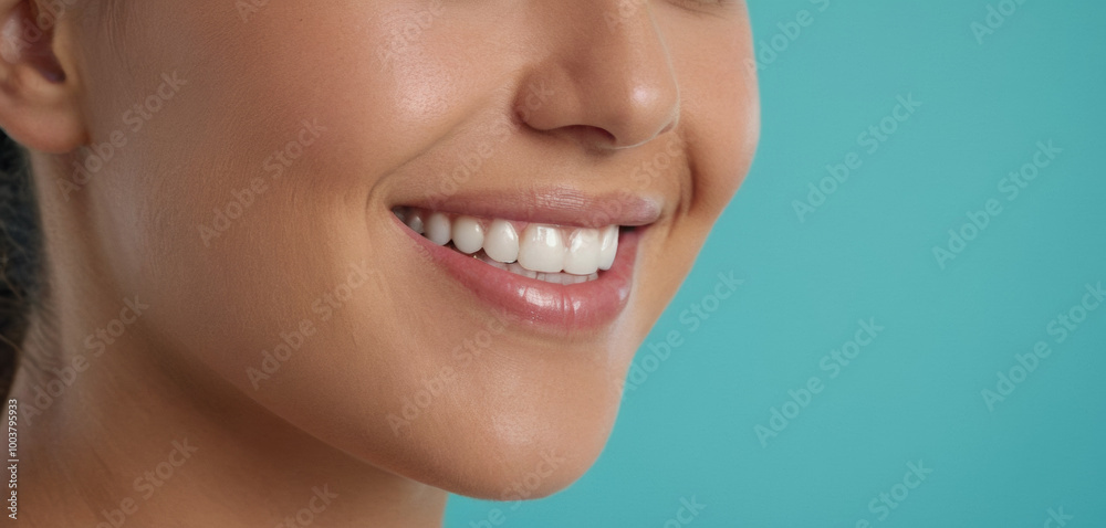 Obraz premium close-up profile shot of a young woman’s bright smile, showcasing her white teeth against a smooth, turquoise background, emphasizing dental hygiene and oral health