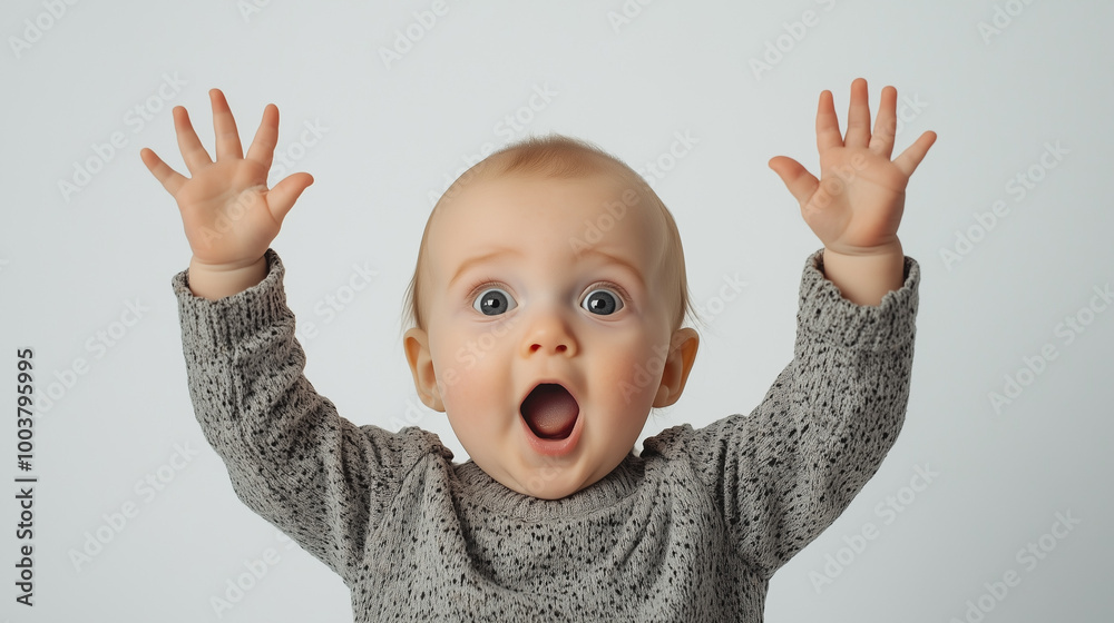 A baby with a surprised expression, wide eyes, and mouth open, holding up both hands in the air A baby with a surprised expression, wide eyes, and mouth open, holding up both hands in the air