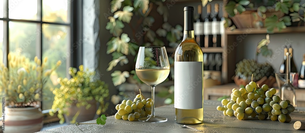 Fototapeta premium White wine bottle with grapes and glasses set on a table in rustic setting offering a charming and inviting copy space image